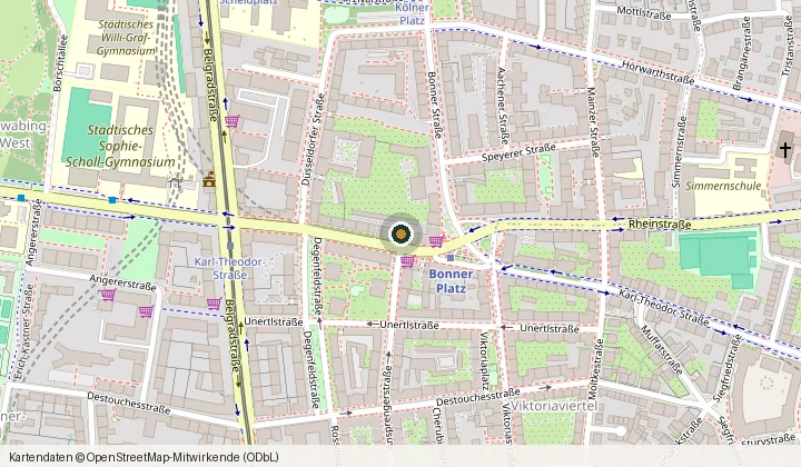 Kartenausschnitt München-Schwabing mit markierter Lage der Praxis in der Karl-Theodor-Straße 64, nahe der U-Bahn-Station Bonner Platz